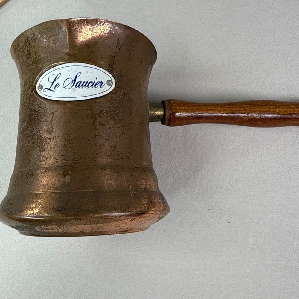 Vintage Le Saucier Copper Sauce Pot Wood Handle Pour Spout Rustic Kitchenware